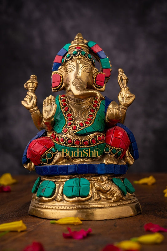 Handcrafted Brass Lord Ganesha Idol with Natural Stones | 6 inch