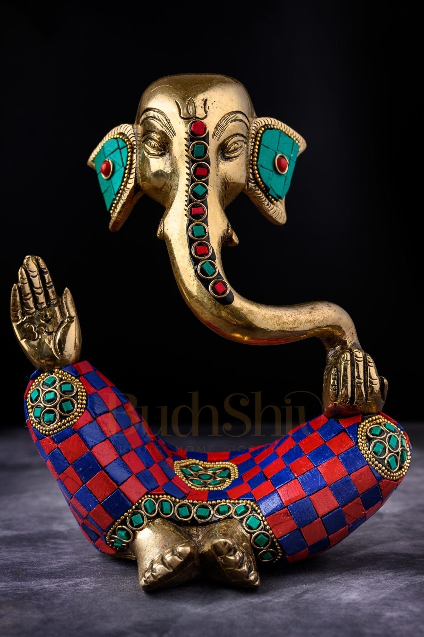 Handcrafted Brass Lord Ganesha Idol with Natural Stones | Height 8.5 inches