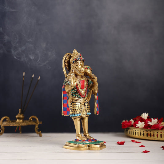 Handcrafted Brass Lord Hanuman Statue in Blessing Mudra - 8.5" Stonework