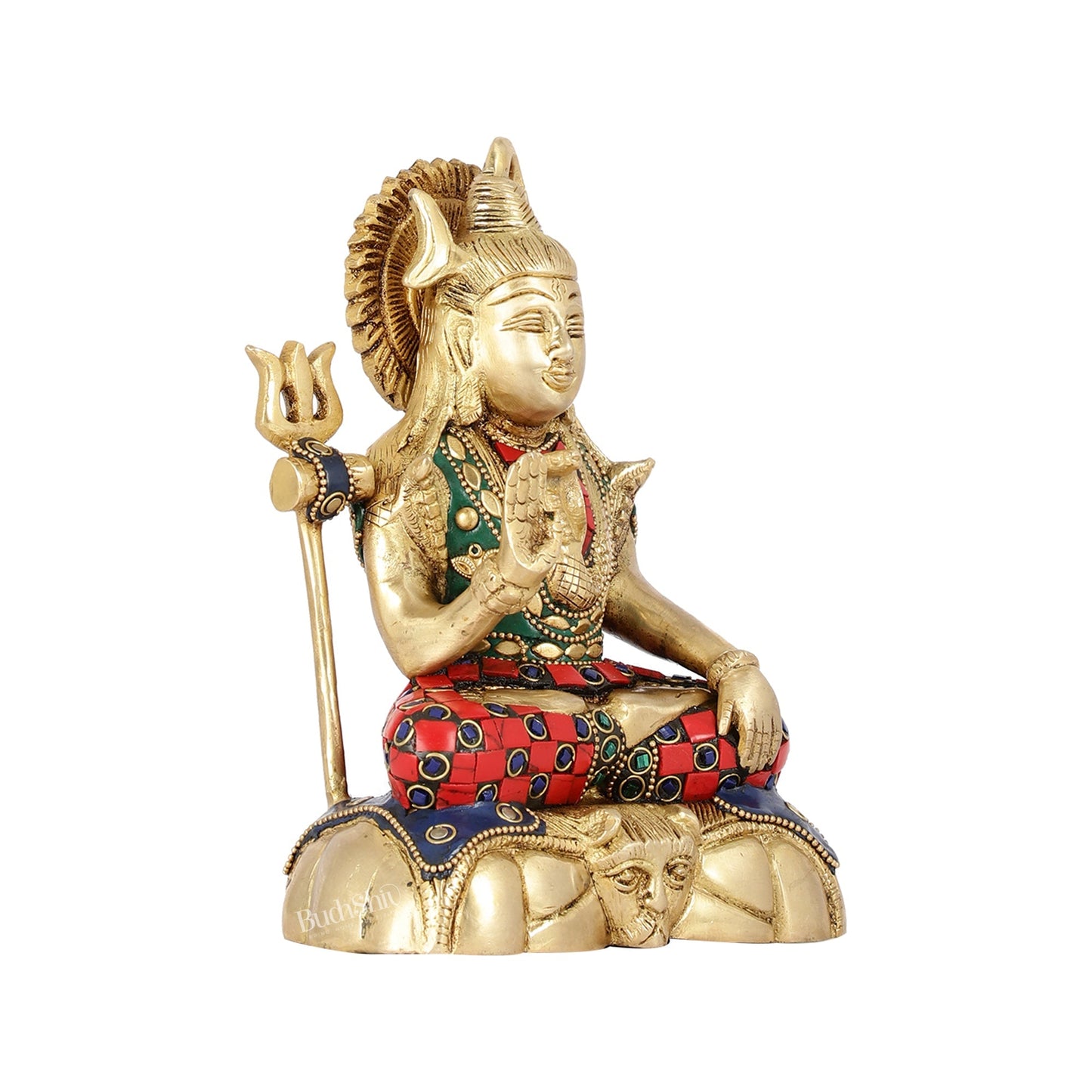 Handcrafted Brass Lord Shiva Statue in Blessing Pose with Stonework | 7" Height