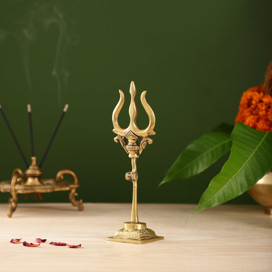 Handcrafted Brass Lord Shiva Trishul with Damru - Perfect for Small Temples