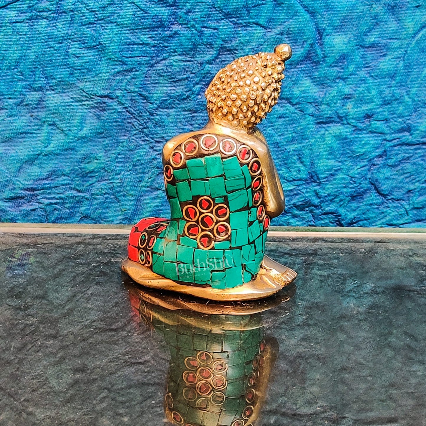 Handcrafted Brass Thinking Buddha Statue | Meenakari Stonework | 4" x 3" x 2.5