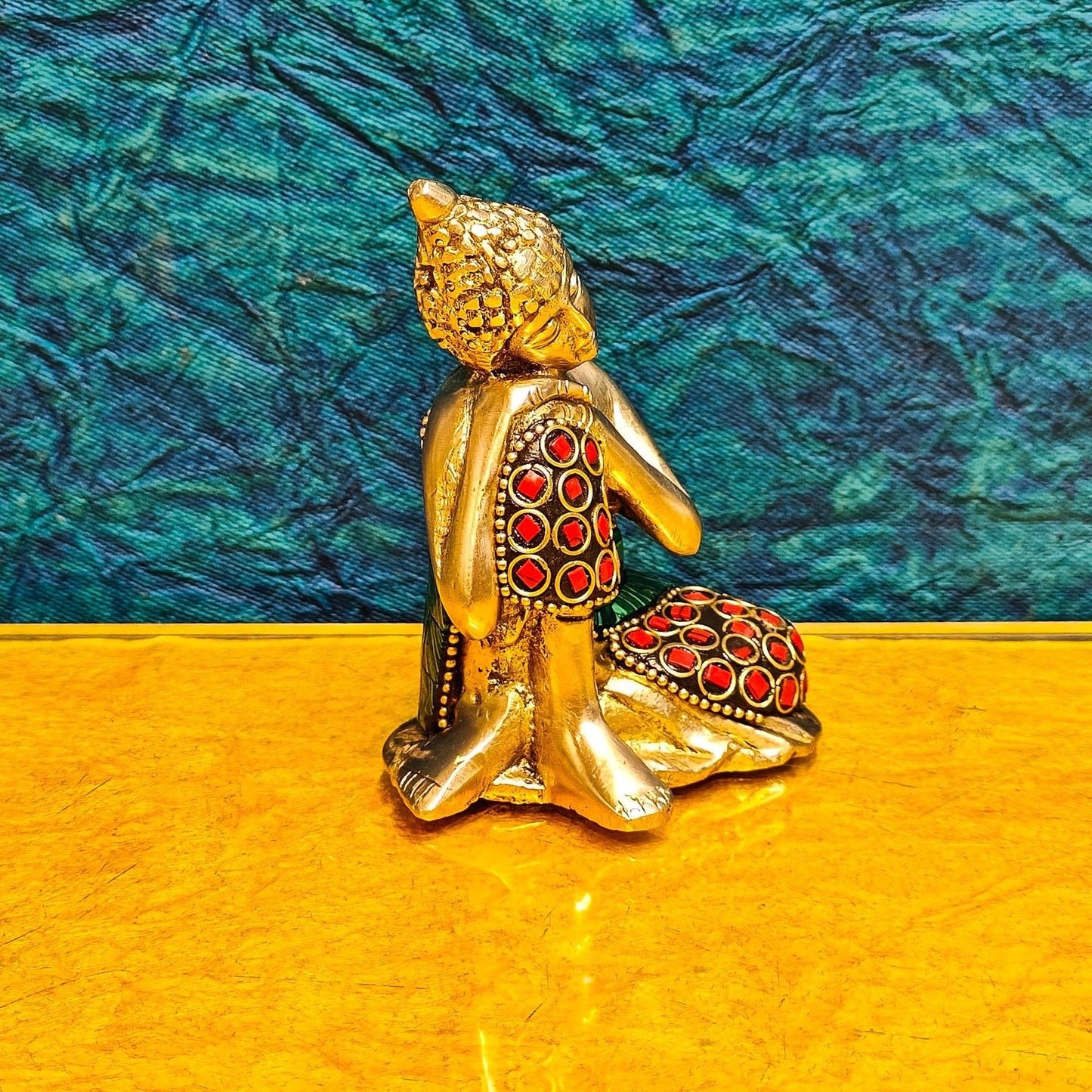Handcrafted Brass Thinking Buddha Statue | Meenakari Stonework | 4" x 3" x 2.5"