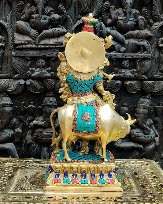 Handcrafted Lord Krishna With Cow Statue - Divine Brass Sculpture 17"