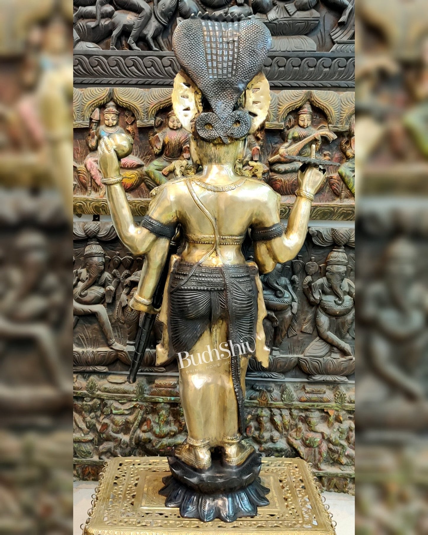 Handcrafted Lord Vishnu with Sheshanaaga Brass Idol | Divine Serenity | Ink Black and Shine Gold Finish 40"