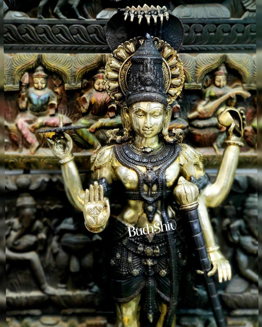 Handcrafted Lord Vishnu with Sheshanaaga Brass Idol | Divine Serenity | Ink Black and Shine Gold Finish 40"
