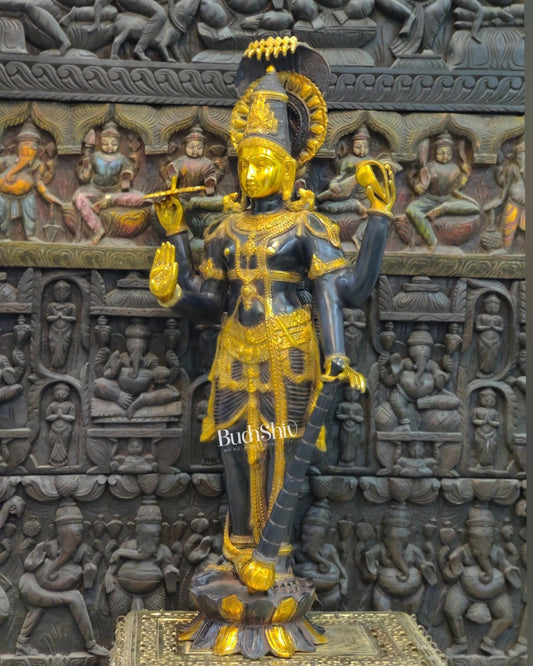 Handcrafted Lord Vishnu with Sheshanaaga Brass Idol | Divine Serenity | Ink Blue and Yellow Gold Finish 40"