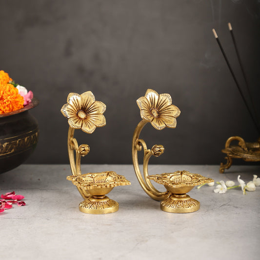Handcrafted Pure Brass Oil Lamp Diya with Flower Handle - 6-inch