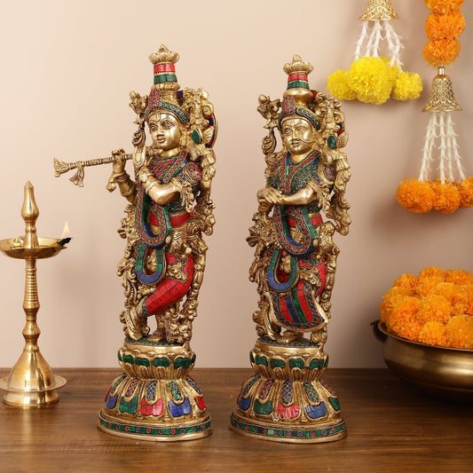 Handcrafted Pure Brass Radha Krishna Statues - 21"