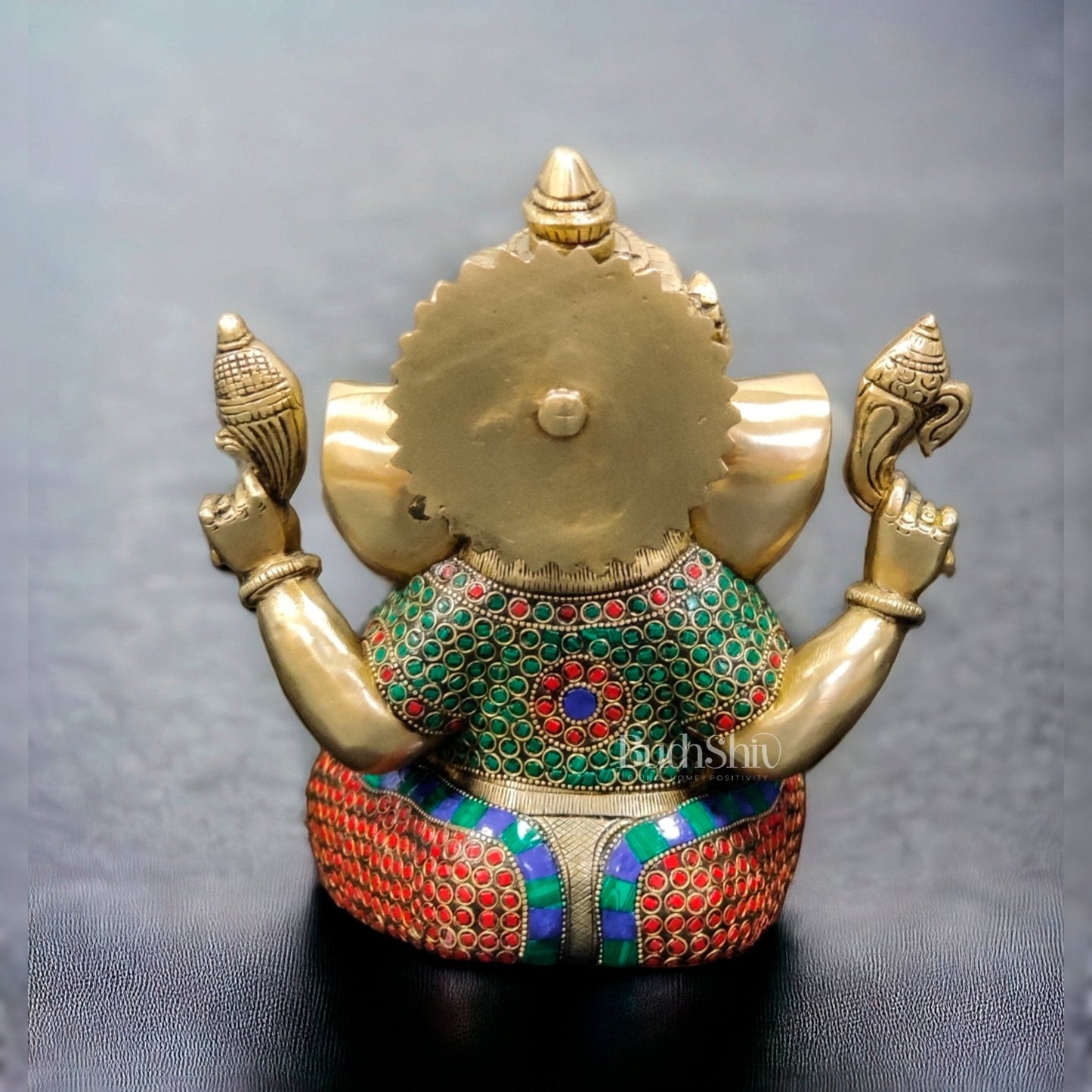 Handcrafted Taj Ganesha Statue - Brass with Stonework, 9 inches