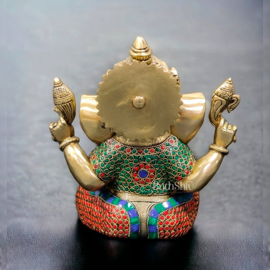 Handcrafted Taj Ganesha Statue - Brass with Stonework, 9 inches