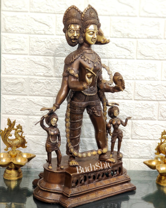 Handcrafted Three-Headed Lord Vishnu Statue | Unique Representation of Para-Vasudevan | Antique Bronze Finish