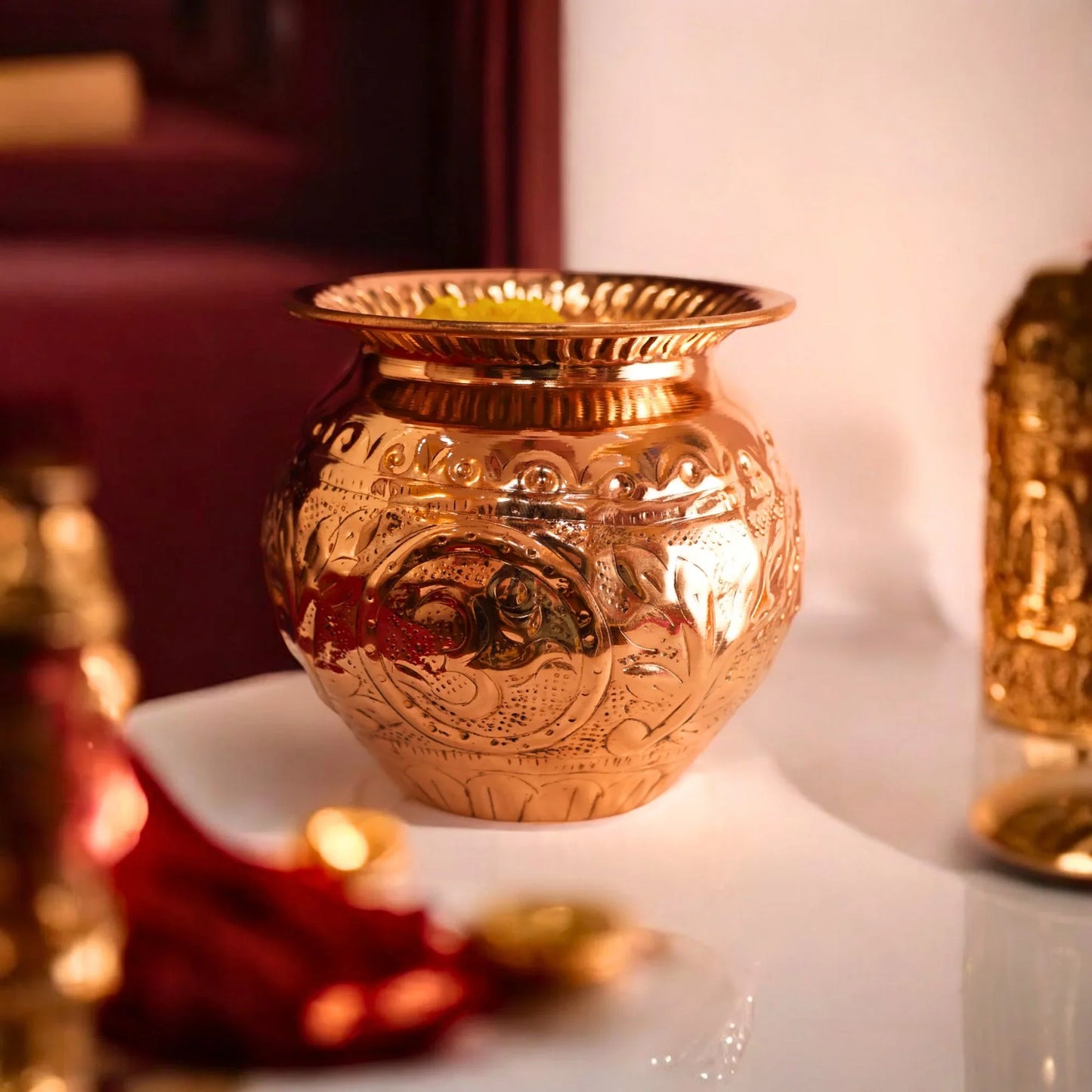 Pure Copper Pooja Lota With Carving Design - Copper Kalash