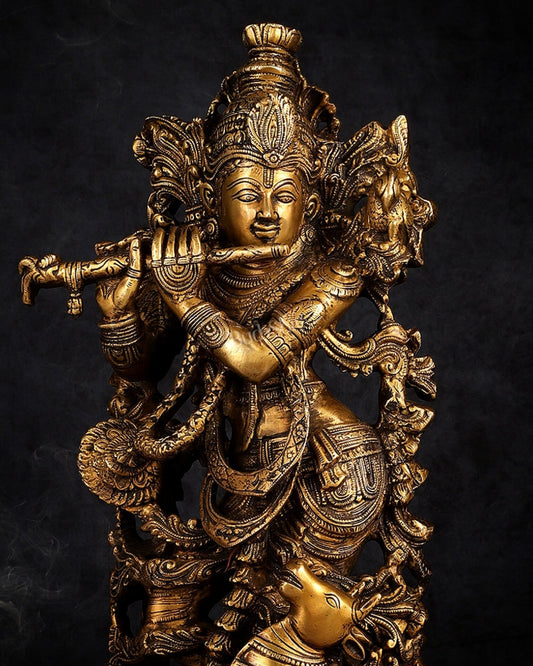 Handmade Brass Lord Krishna with Jumping Cow Statue - 18"