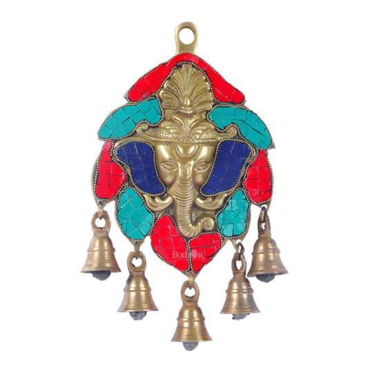 Handmade Pure Brass Ganesh Face Wall Hanging with Bells 10" Stonework