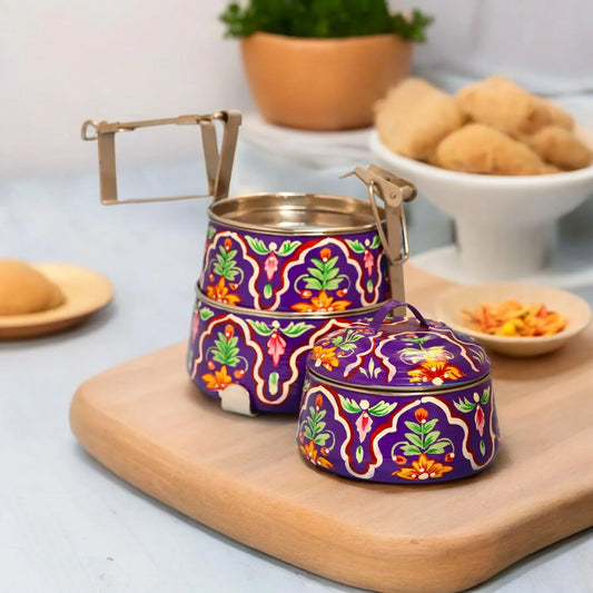 Shri-badri Hand Painted 3 Tier Steel Lunch Box - Purple
