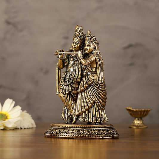 Intricate Lightweight Brass Radha Krishna Idol - 5"