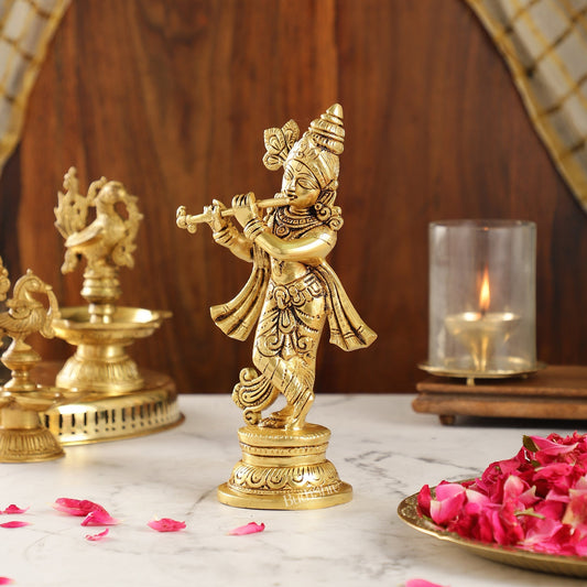Intricately Crafted Brass Superfine Krishna Idol | 9" Height | Captivating Detail