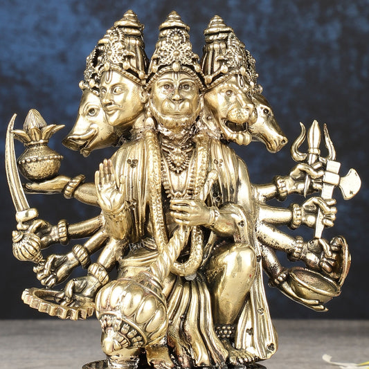 Intricately Handcrafted Brass Powerful Panchmukhi Hanuman Idol - 5.5-inch