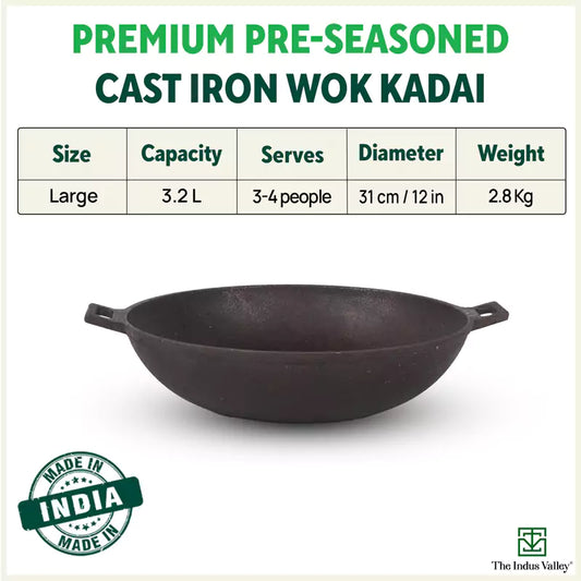CASTrong Cast Iron Wok Kadai, Pre-seasoned, 100% Pure, Toxin-free, 31cm, 3.2L, 2.8kg