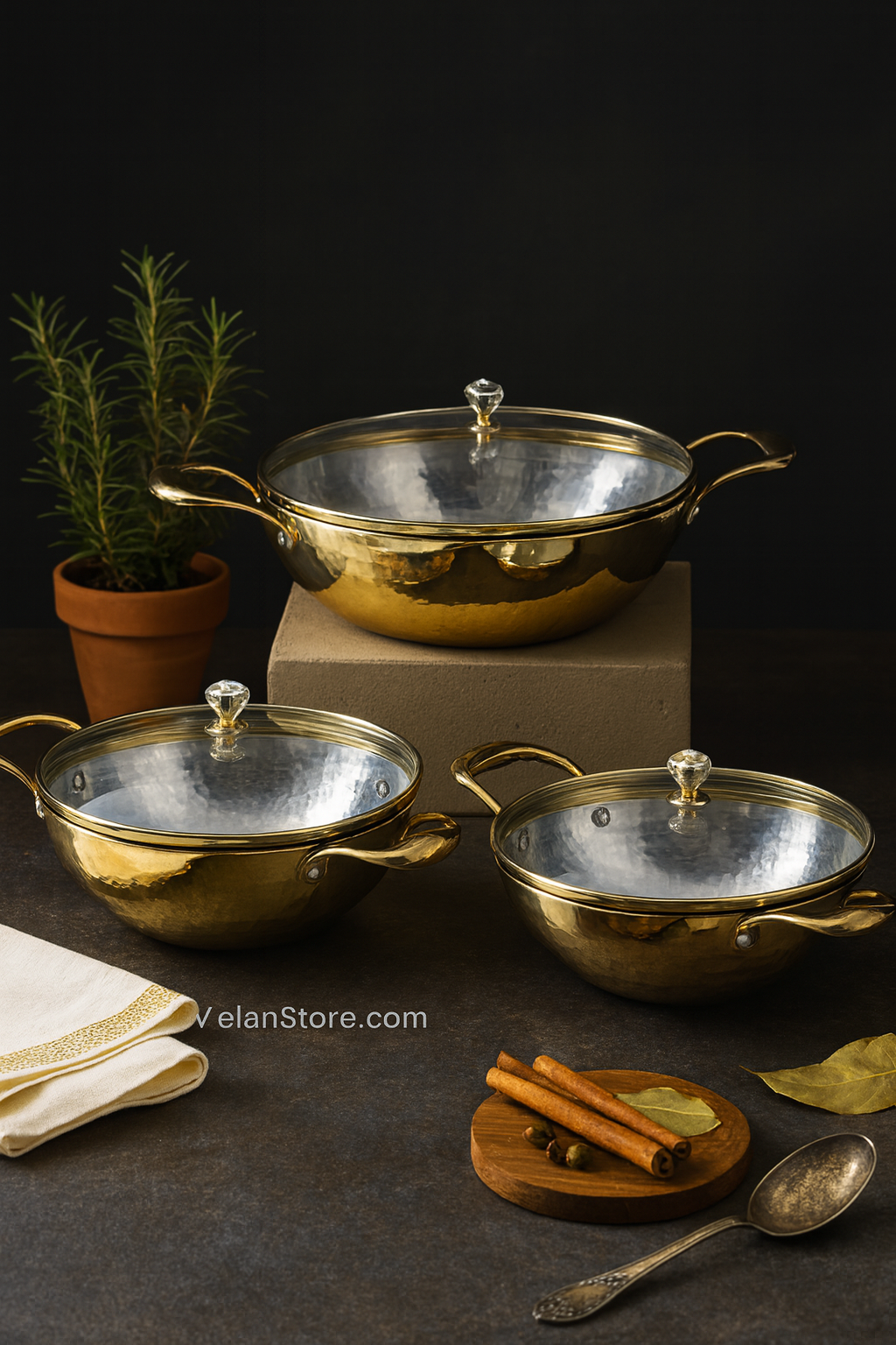 Set of 3 Brass Kadhais with Glass Lid (1.5L round base, 3L round base, 3L flat base)