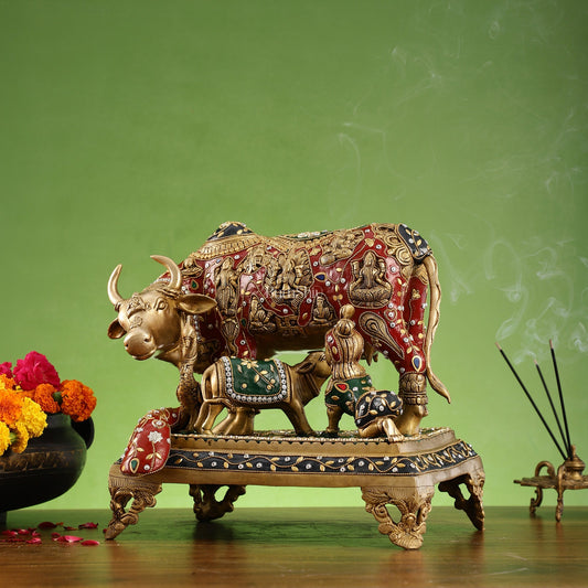 Kamadhenu Cow and Calf Brass Idol 14 inch