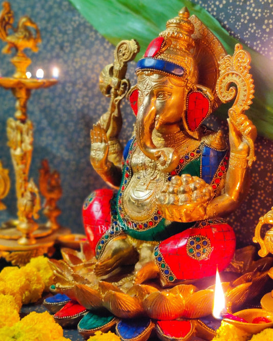 Kamalasana Ganesha with a modak bowl 12 inches brass idol with stonework