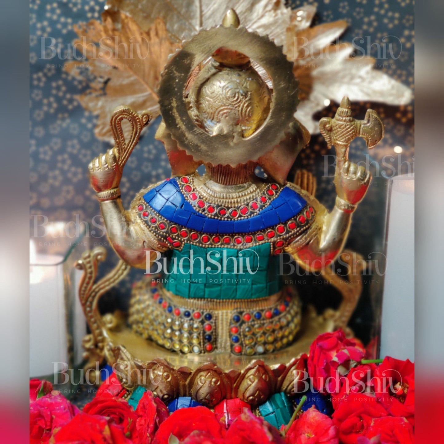 Kamalasana jewellery Ganesha brass idol with meenakari stonework | suitable for office desk/study table/ temple