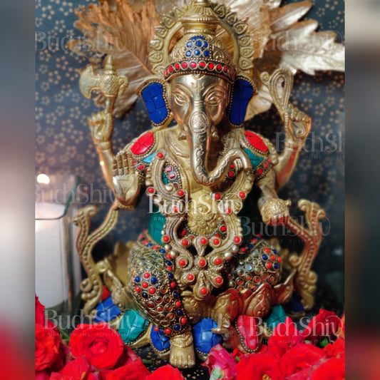 Kamalasana jewellery Ganesha brass idol with meenakari stonework | suitable for office desk/study table/ temple