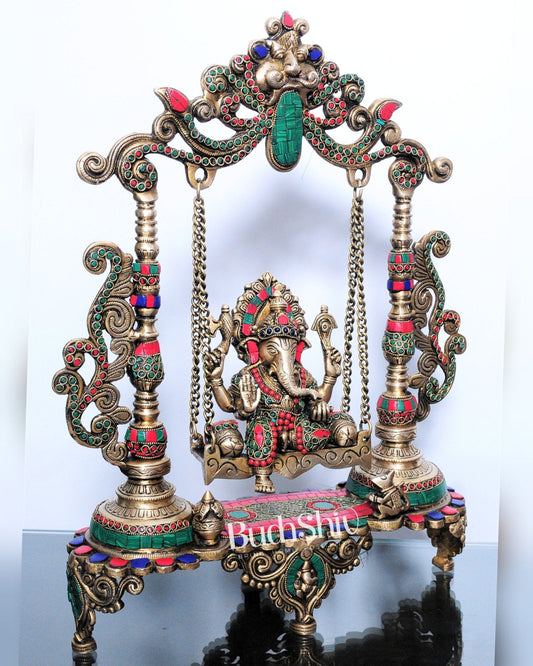 Handcrafted Kirtimukha Ganesha on a Swing with Stonework - Superfine Brass, 20" Height