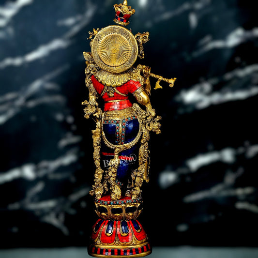 Krishna Brass Idol 29 inches | Unique Inlay Stonework | Handcrafted Brass idol