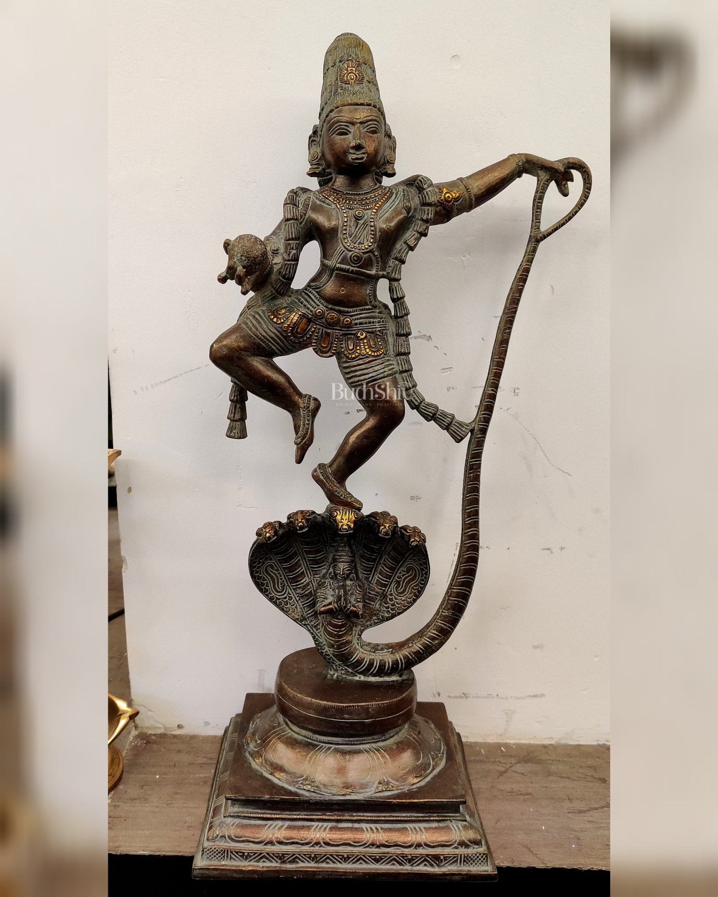 Krishna Dancing on Kaliya Naag: Brass Idol 20"
