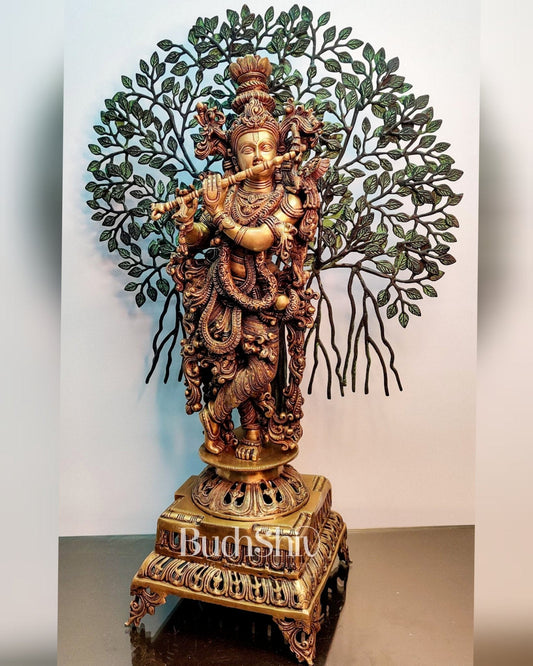 Krishna Superfine Brass Idol with Kalpavriksha tree - 36"