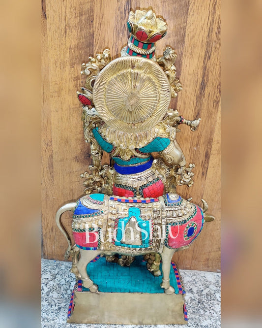 Krishna Playing the Flute with Cow 27 inches Brass idol