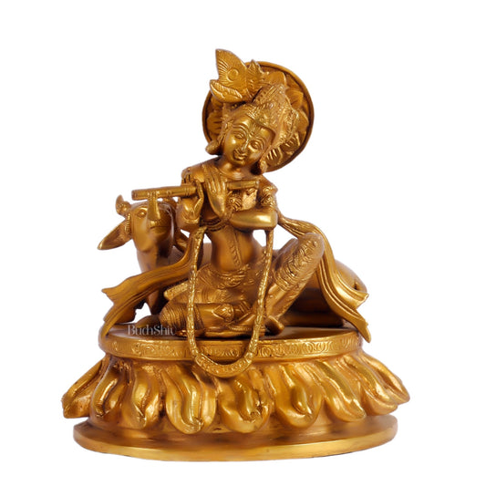 Krishna seated with a cow brass idol 8.5 inch