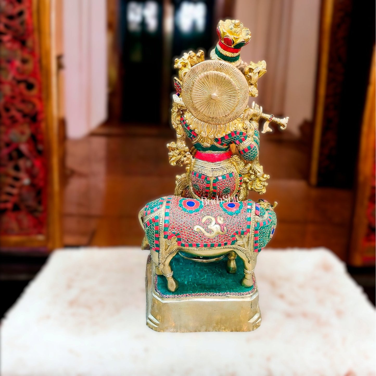 Krishna With Cow 28 inches brass idol with stonework
