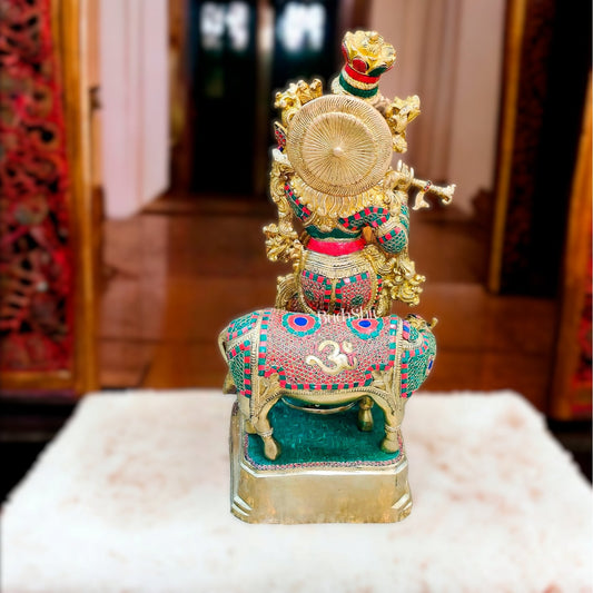 Krishna With Cow 28 inches brass idol with stonework
