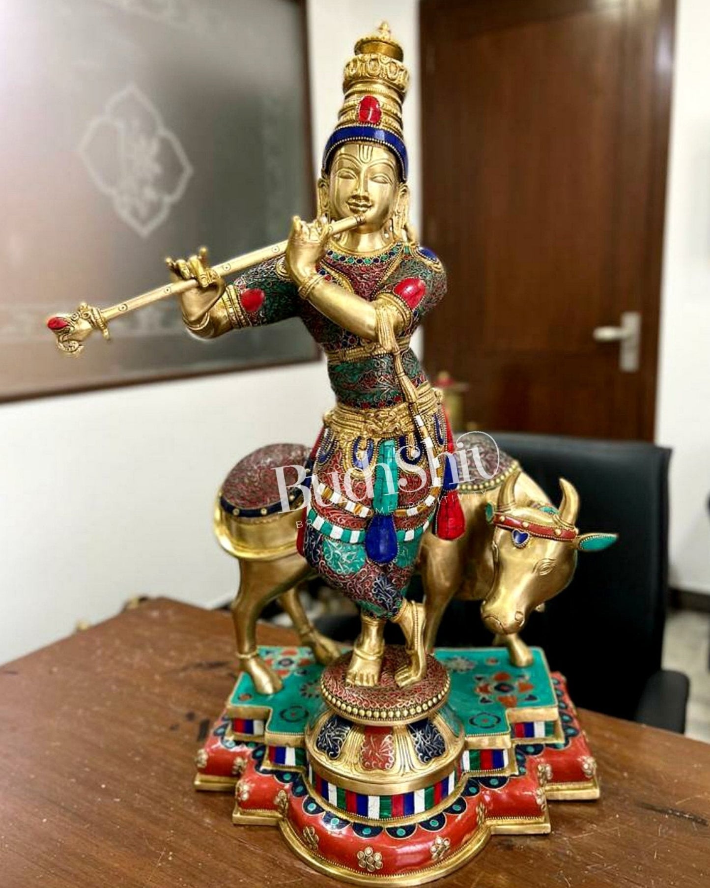 Krishna With Cow statue - Fine Brass - Meenakari Stonework - 25.5 inch