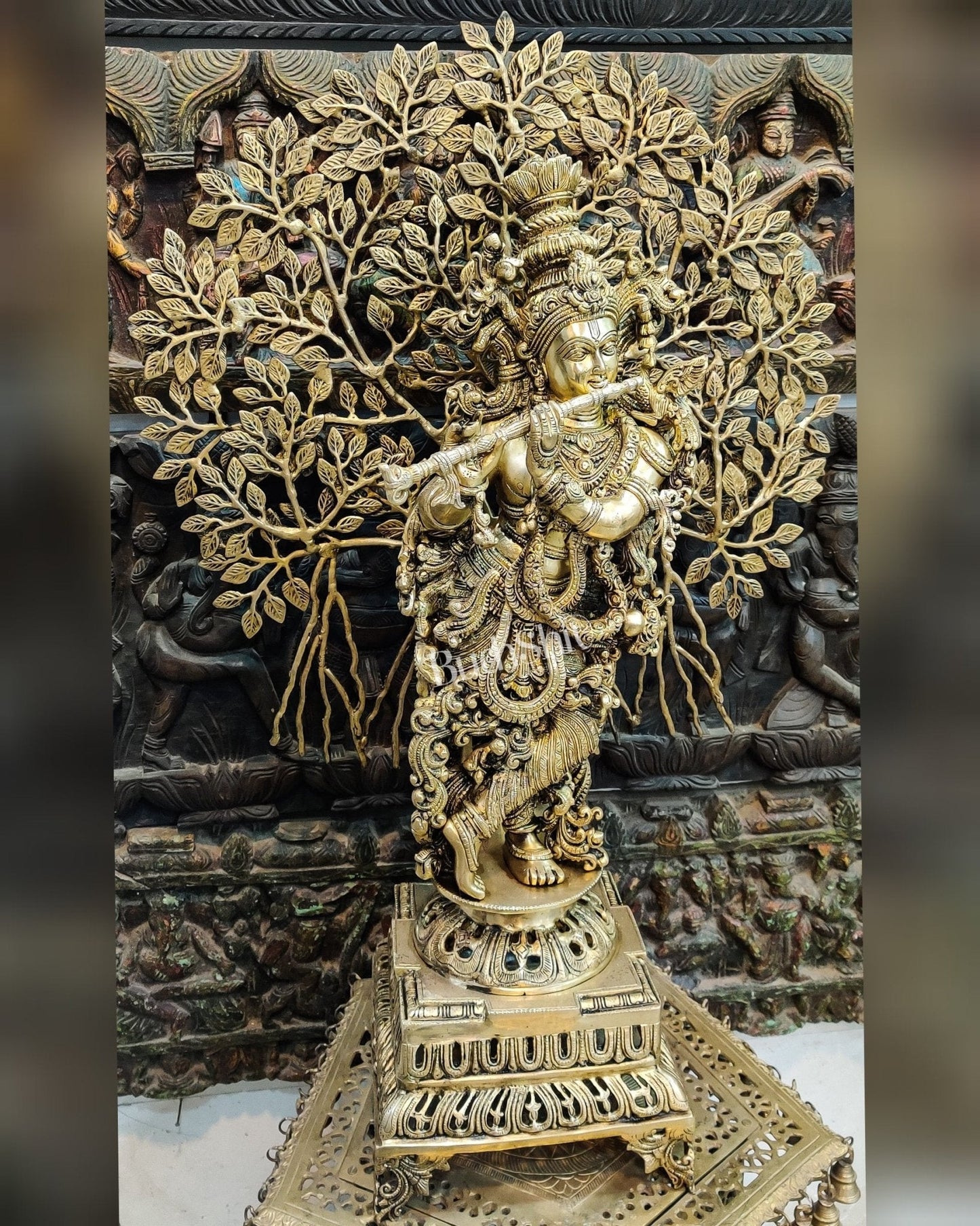 Krishna with Kalpavriksha Tree Superfine Brass Idol - 35"