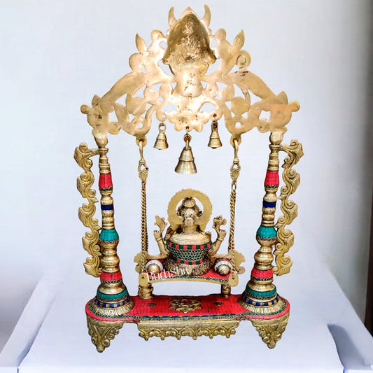 Kritimukha Brass Ganesha on swing with inlay stonework