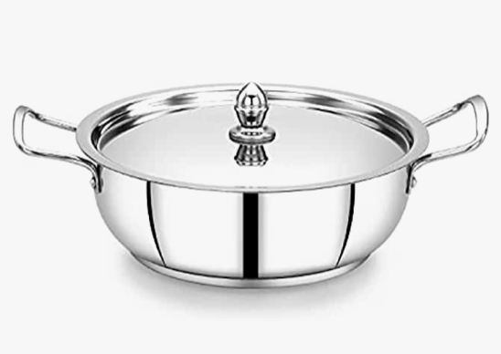 Praylady Triply Smart Series Plain Stainless Steel Kadai/Wok 2.5 Litre with Steel Lid, Silver ( Induction & Gas Compatible )