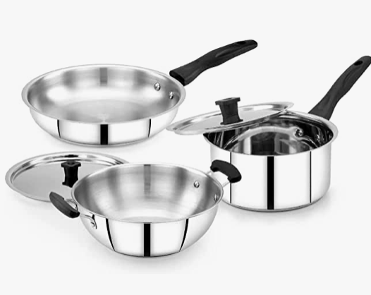 Pray Lady Stainless Steel Cookware Set 5 Pcs | Stainless Steel | 16 cm Sauce Pan with Lid | 22 cm Kadai with Lid | 22 cm Fry Pan | Induction Bottom Cookware Set