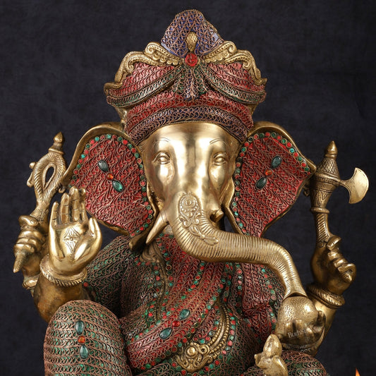 Large 18" Brass Ganesha Statue with Meenakari