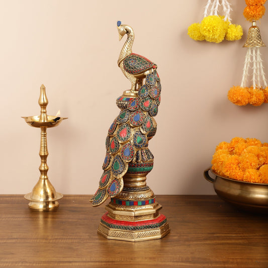 Large brass Peacock Showpiece with Meenakari - 20 Inch