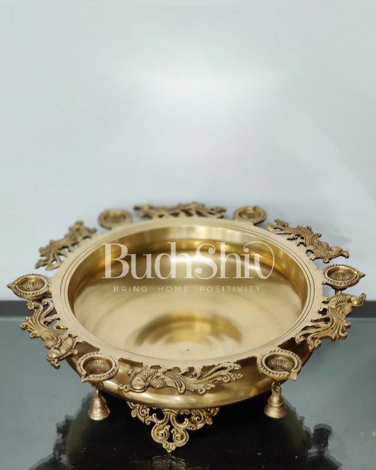 Large Peacock Urli with Diyas and Bells | Magnificent Brass Decor 21"