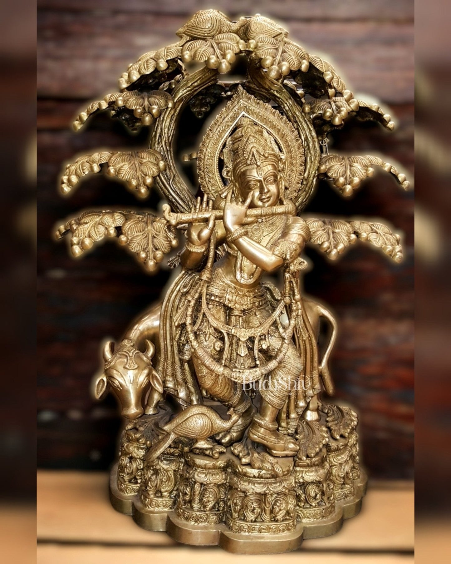 Large Pure Brass Krishna with Cow Under Tree Statue - 30
