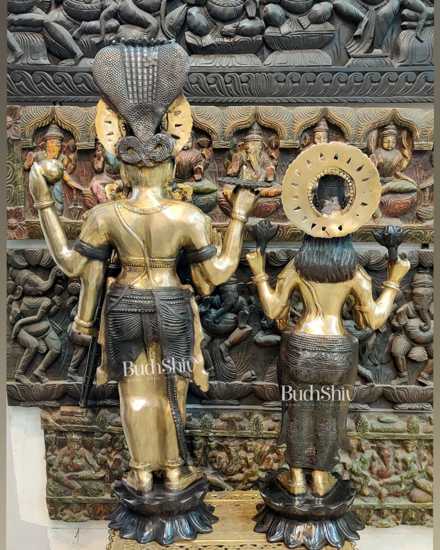 Life-like Brass Idols of Lord Vishnu and Goddess Lakshmi | Superfine Handcrafted with Duel Tone Contrast 40"