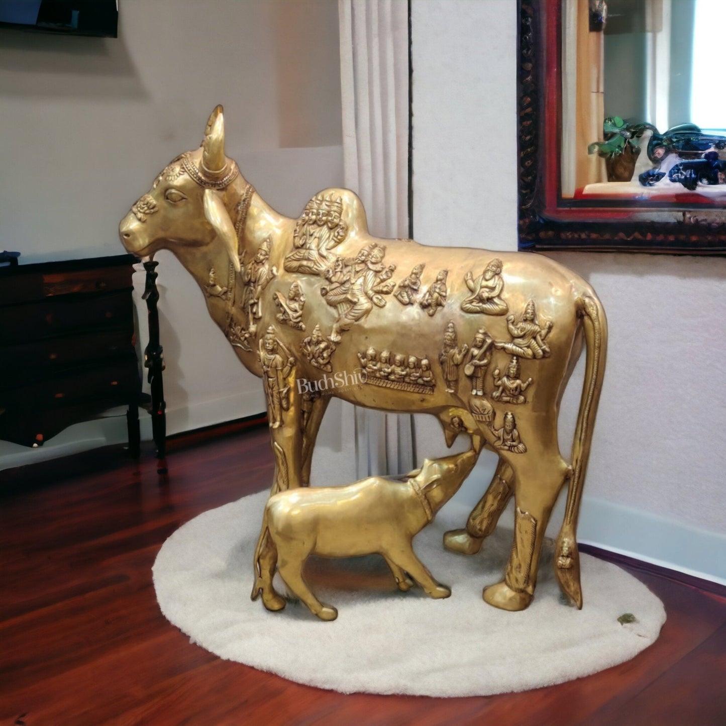 Life-like Brass Kamdhenu Cow with Calf Idols | Majestic Home Decor | 48"