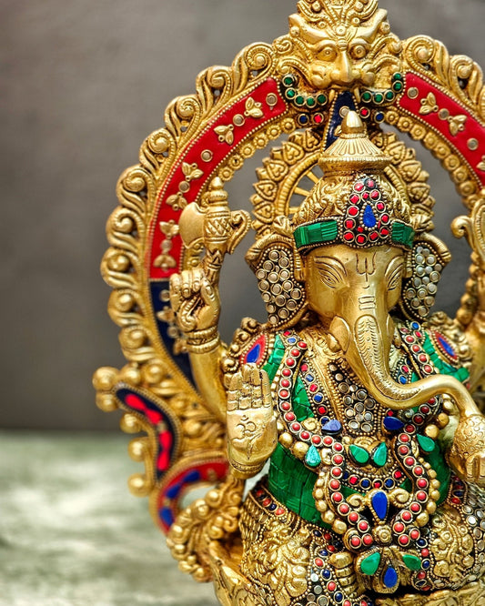 Lord Ganesha Idol with Stonework 15 inch