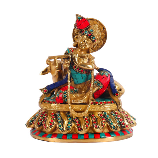 Lord krishna seated with cow brass idol with stonework 7.5 inch